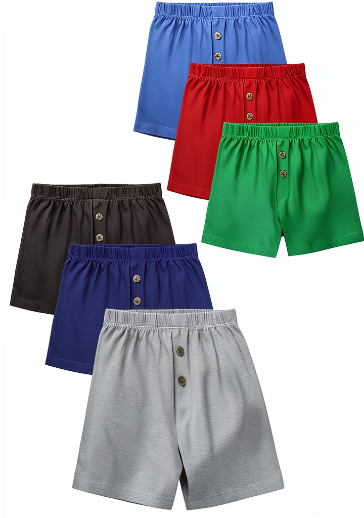 Boys wearing cotton boxer shorts in various colors playing outdoors